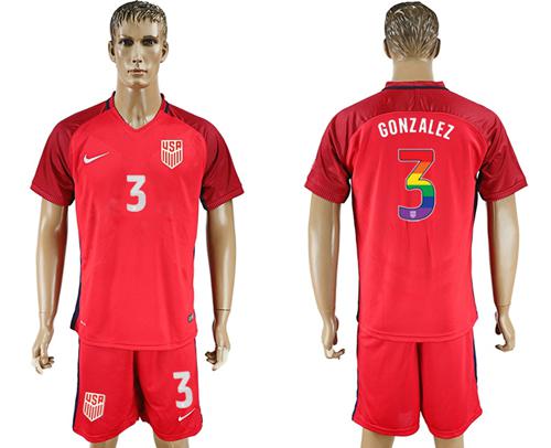 USA #3 Gonzalez Red Rainbow Soccer Country Jersey